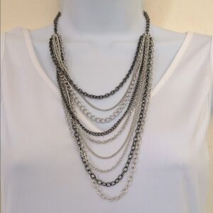 Vintage street chic silver tone and gunmetal 9-layer necklace